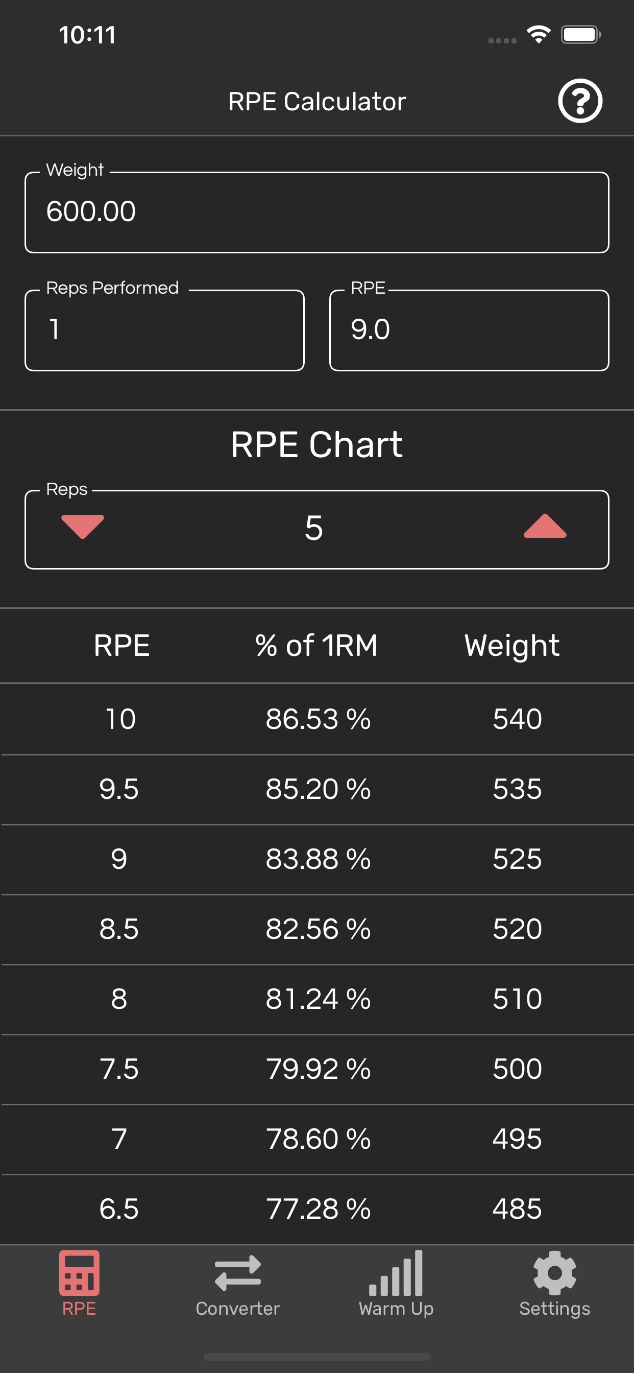 Screenshot of RPE Calculator