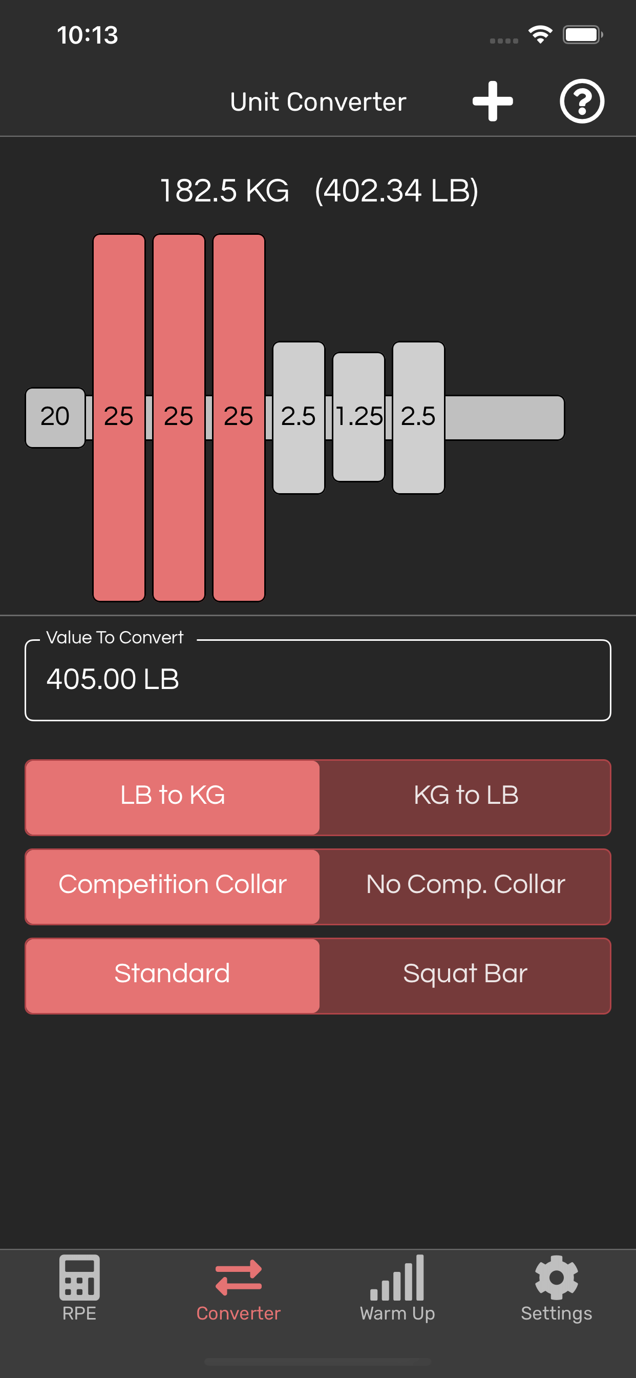 Screenshot of warm up calculator